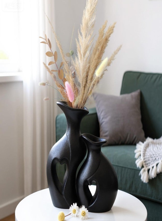 Meltset M Black Ceramic Vases Set of 2, Hollowed Heart Flower Vase for Modern Nordic Boho Home Decor, Minimalist Table Centerpiece for Wedding, Living Room, Office, Bookshelf, Entryway, Mother's Gift (Matte) - Image 3